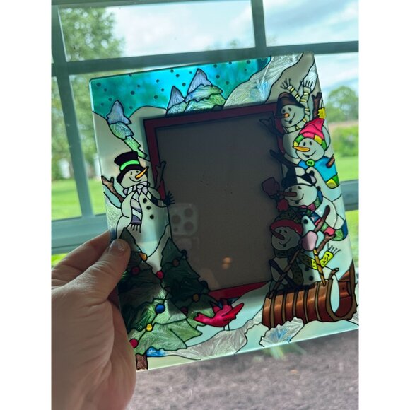 Stained Glass Style Snowman Picture Frame – approx 6.5” x 8” – Holiday Winter Dé - Picture 2 of 9